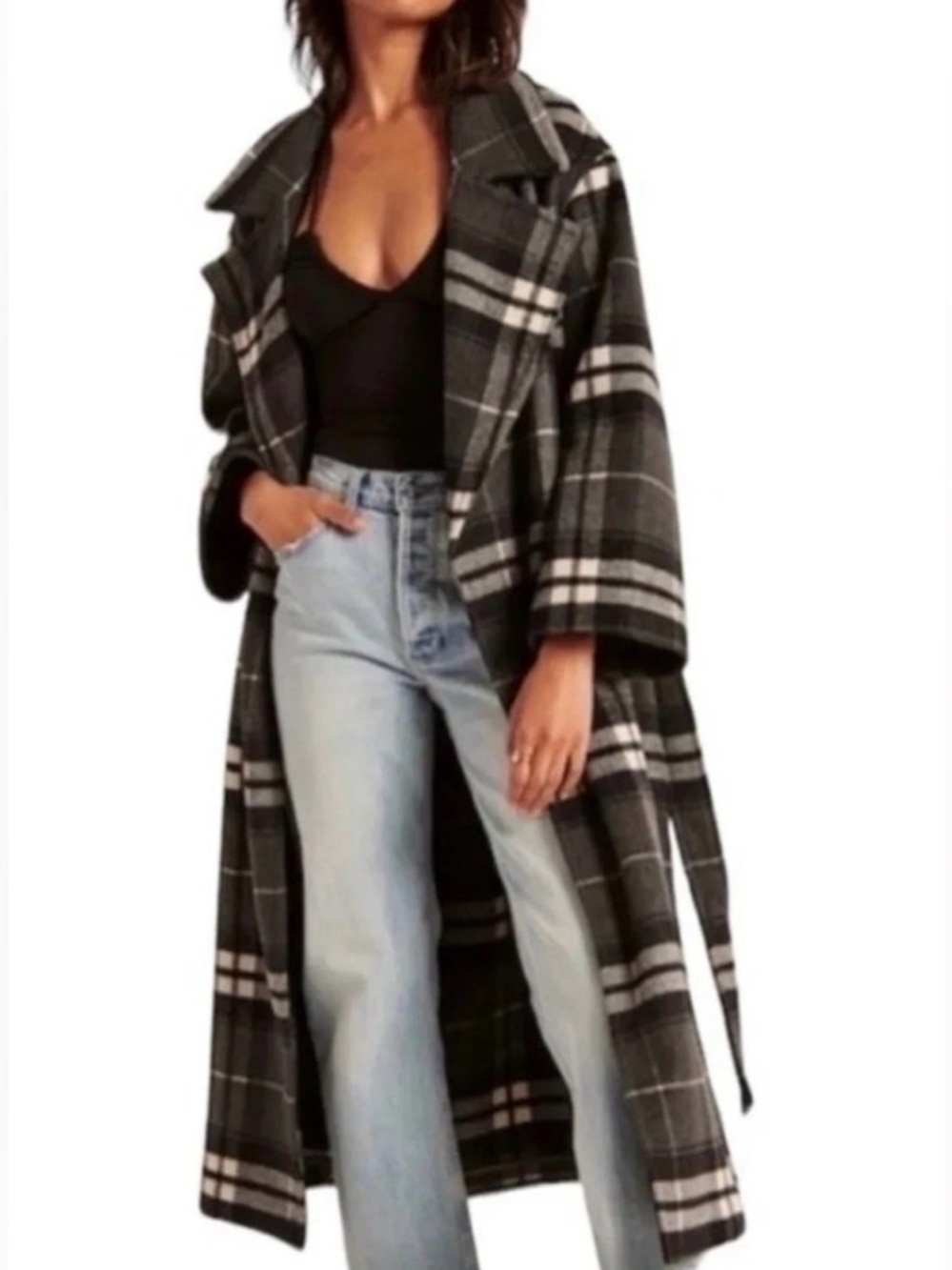 NWOT Abercrombie & Fitch Wool Blend Belted Blanket Trench Coat In Black Plaid